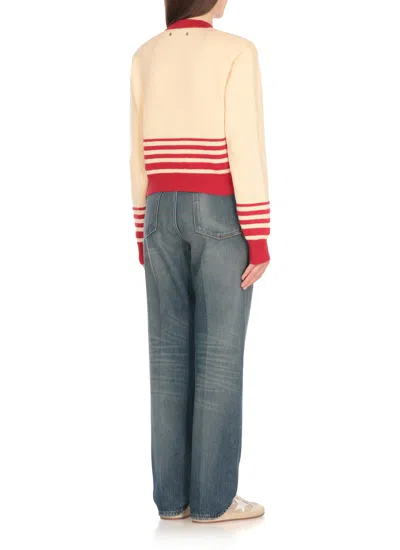 Golden Goose Beige Cardigan With Red Stripes