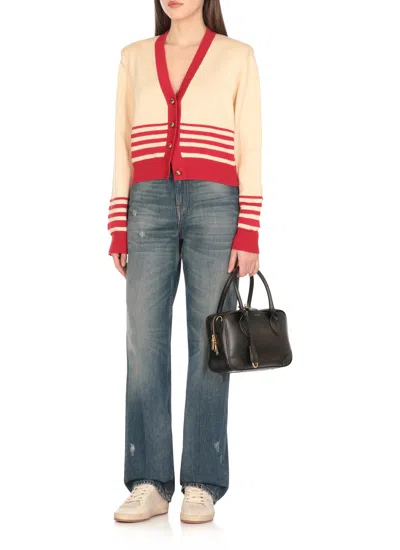 Golden Goose Beige Cardigan With Red Stripes