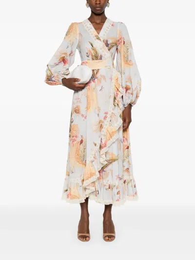 Zimmermann Floral Midi Dress Belted Waist In Multi