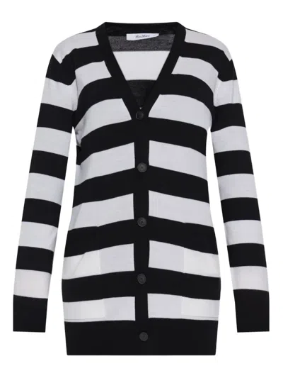 Max Mara Bold Black And White Striped V-neck Sweater With Button-down Front In Black