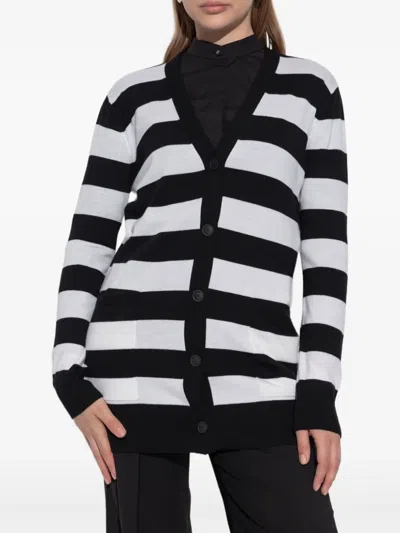 Max Mara Bold Black And White Striped V-neck Sweater With Button-down Front In Black
