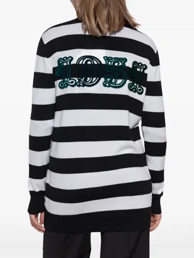 Max Mara Bold Black And White Striped V-neck Sweater With Button-down Front In Black