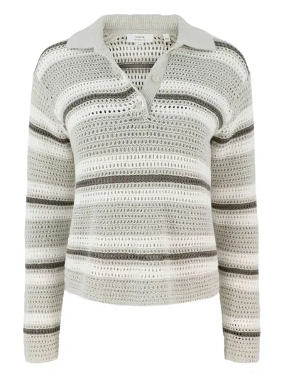 Vince Mesh Stripe Button Polo Top In Gray