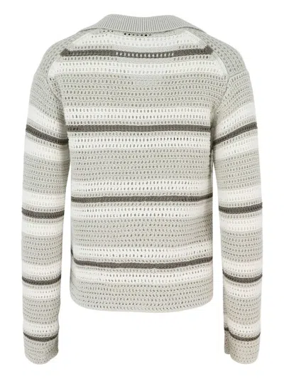 Vince Mesh Stripe Button Polo Top In Gray