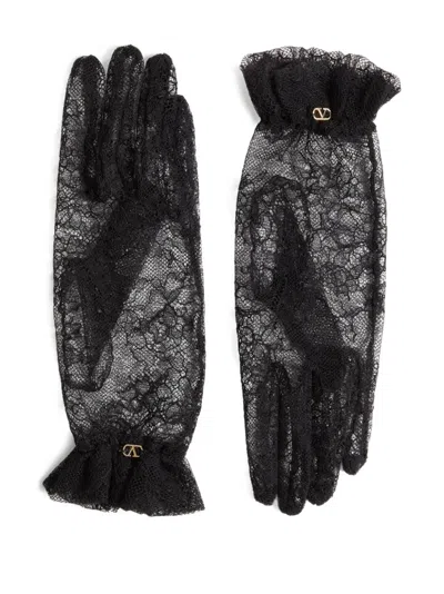 Valentino Lace Bow Sheer Fabric Gloves Signature In Black