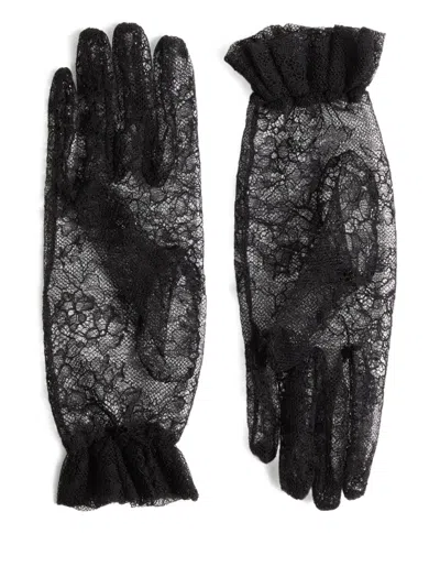 Valentino Lace Bow Sheer Fabric Gloves Signature In Black