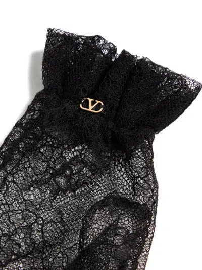 Valentino Lace Bow Sheer Fabric Gloves Signature In Black
