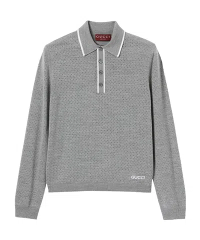 Gucci Men Wool Long-sleeves Polo Shirt In Gray