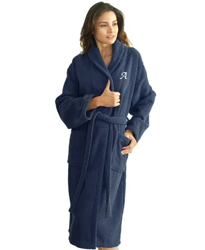 Linum Home 100% Turkish Cotton Personalized Unisex Herringbone Bath Robe In Blue