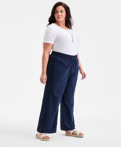 Style & Co Plus Size Eyelet-trim Wide-leg Pants, Exclusively At Macy's In Blue