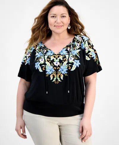 Jm Collection Plus Size Printed Tie Split Neck Top, Exclusively At Macy's In Black