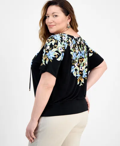 Jm Collection Plus Size Printed Tie Split Neck Top, Exclusively At Macy's In Black