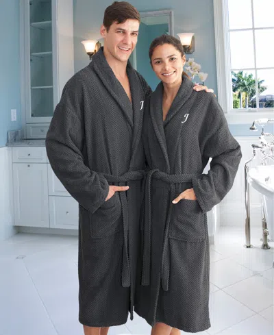 Linum Home 100% Turkish Cotton Personalized Unisex Herringbone Bath Robe In Black