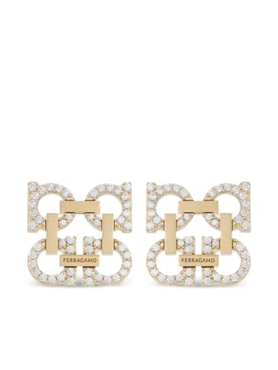 Ferragamo Crystal Embellished Four Gancini Clip On Earrings In Gold