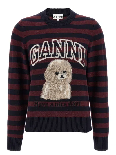 Ganni Graphic Wool Mix Poodle Stripe Crewneck Knitwear Multicolor