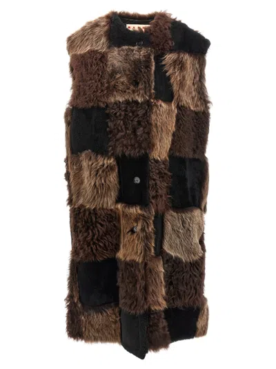 Marni Patchwork Design Shearling Vest In Brown
