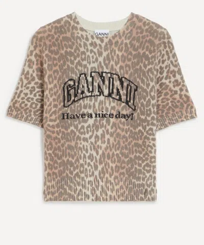 Ganni Leopard Wool T-shirt In Brown
