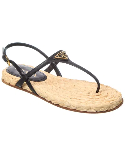 Prada Triangle Logo Raffia And Leather Flat Sandals