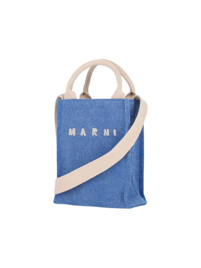 Marni Shopper Bag With Shoulder Strap And Top Handles In Blue