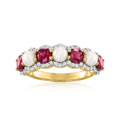 Ross-simons 4-4.5mm Cultured Pearl And Rhodolite Garnet Ring With . White Zircons In 18kt Gold Over Sterling