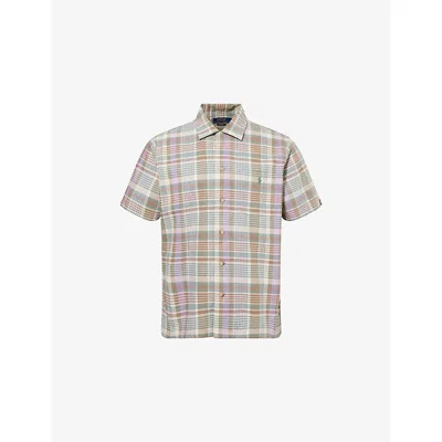 Polo Ralph Lauren Mens 6815 Khaki Green Multi Check-print Short-sleeves Cotton-poplin Shirt In Multi