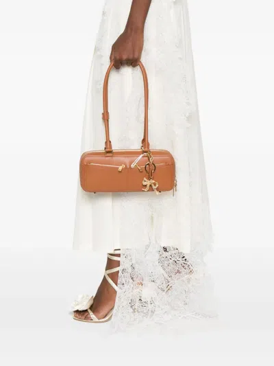 Self-portrait Tan Leather Baguette Shoulder Bag With Charm In Brown