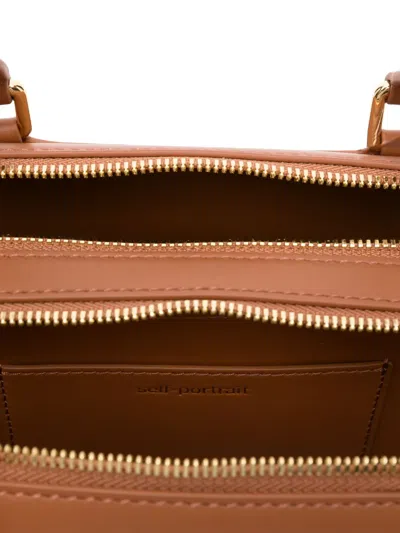 Self-portrait Tan Leather Baguette Shoulder Bag With Charm In Brown