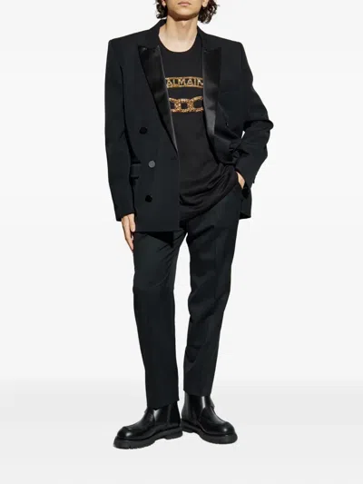 Balmain Black Crewneck T-shirt With Logo Print On The Front In Cotton Man