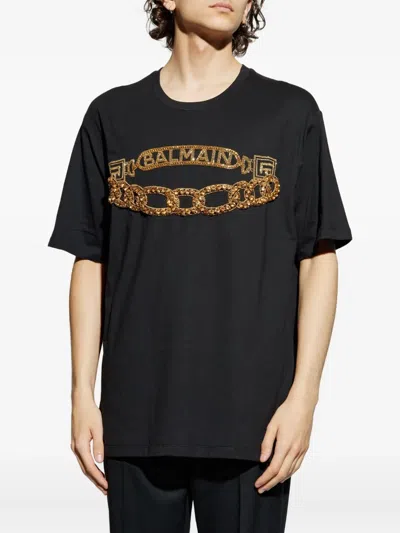 Balmain Black Crewneck T-shirt With Logo Print On The Front In Cotton Man