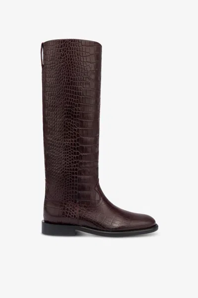 Paris Texas Boots In Rouge Noir Croco-embossed Leather In Brown
