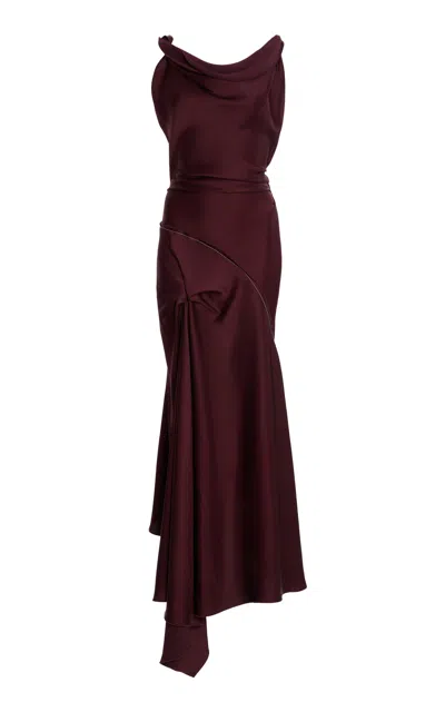 Victoria Beckham Asymmetric Draped Sleeveless Satin Midi Dress In Burgundy
