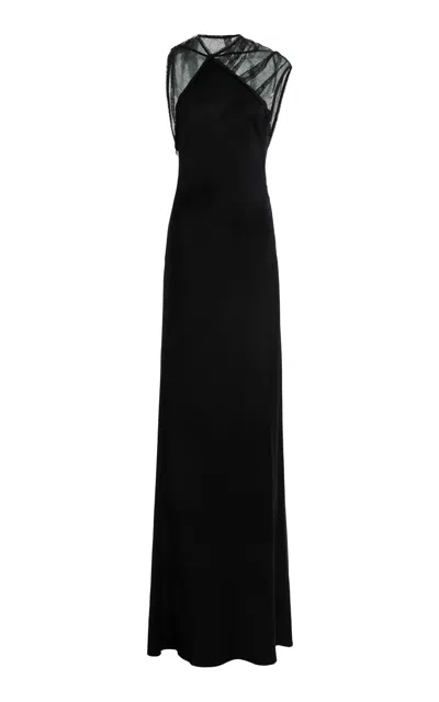 Victoria Beckham Asymmetric Mesh Trim Trumpet Gown In Black