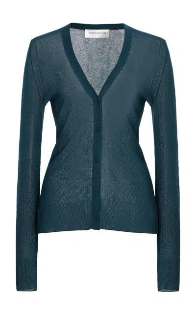 Victoria Beckham Teal Green Cotton Blend Cardigan In Blue