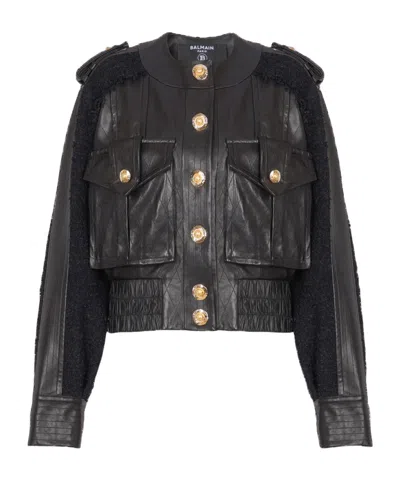 Balmain Quilted Leather And Tweed Bomber Jacket In Black