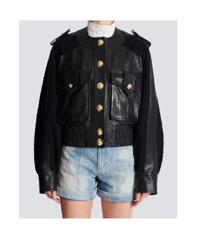 Balmain Quilted Leather And Tweed Bomber Jacket In Black