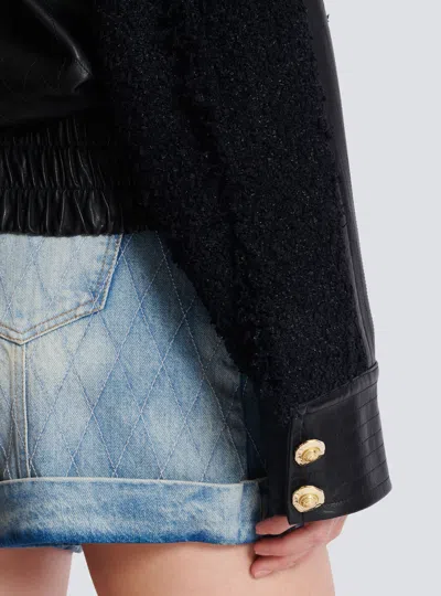 Balmain Quilted Leather And Tweed Bomber Jacket In Black