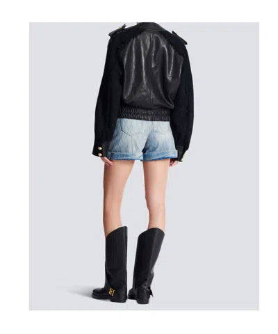 Balmain Quilted Leather And Tweed Bomber Jacket In Black