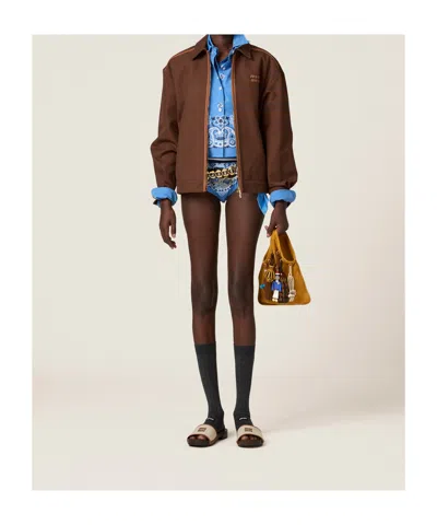 Miu Miu Cotton Jacket With Front Pockets And Contrast Piping In Brown