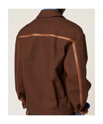 Miu Miu Cotton Jacket With Front Pockets And Contrast Piping In Brown