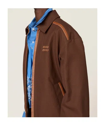 Miu Miu Cotton Jacket With Front Pockets And Contrast Piping In Brown