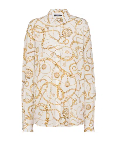 Balmain Logo Printed Silk Shirt In Neutral