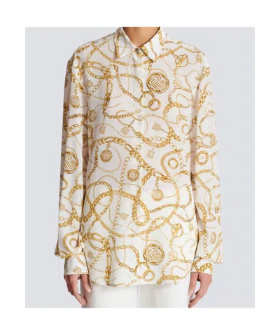 Balmain Logo Printed Silk Shirt In Neutral