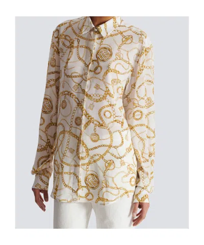 Balmain Logo Printed Silk Shirt In Neutral