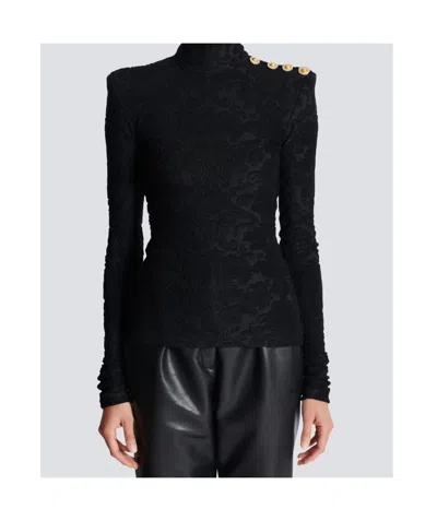 Balmain Buttoned Ls Bouclette Baroque Top