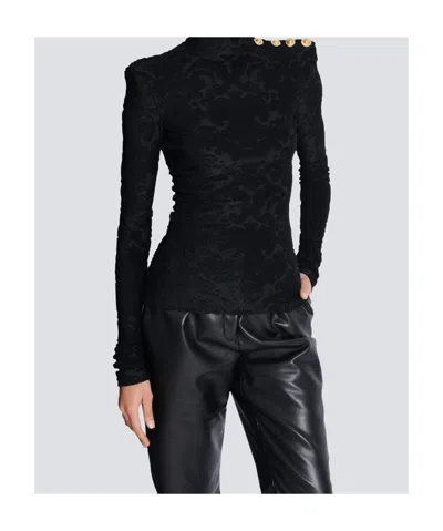 Balmain Buttoned Ls Bouclette Baroque Top