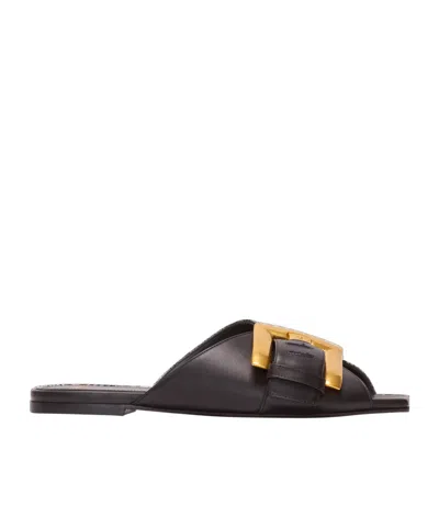 Balmain Anthem Flat Leather Sandals In Black
