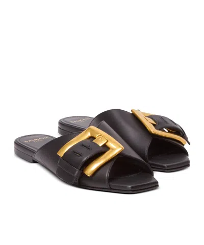 Balmain Anthem Flat Leather Sandals In Black
