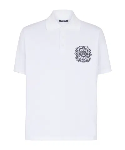 Balmain Cotton Crest Print Polo Shirt In White