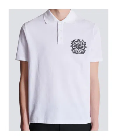 Balmain Cotton Crest Print Polo Shirt In White