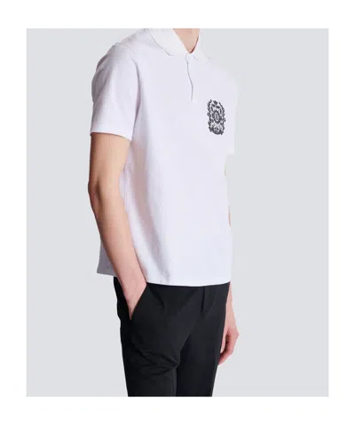 Balmain Cotton Crest Print Polo Shirt In White